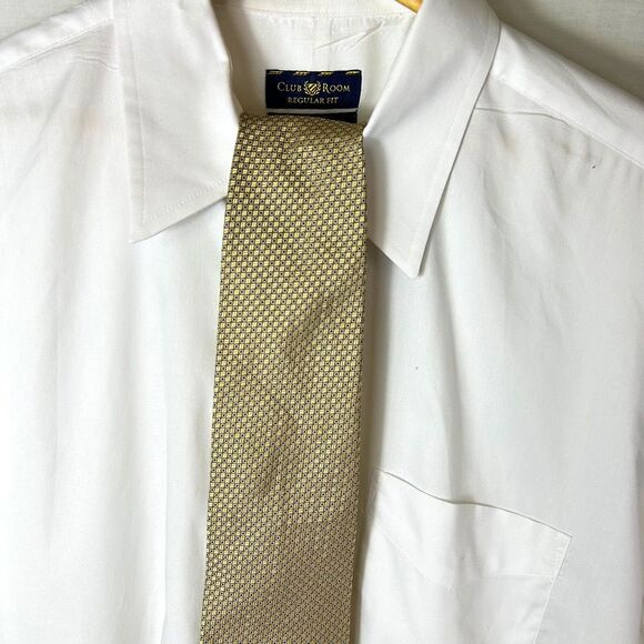 Tommy Hilfiger Yellow Navy Birdseye Dot Print 100% Silk Long Tie - Picture 3 of 10